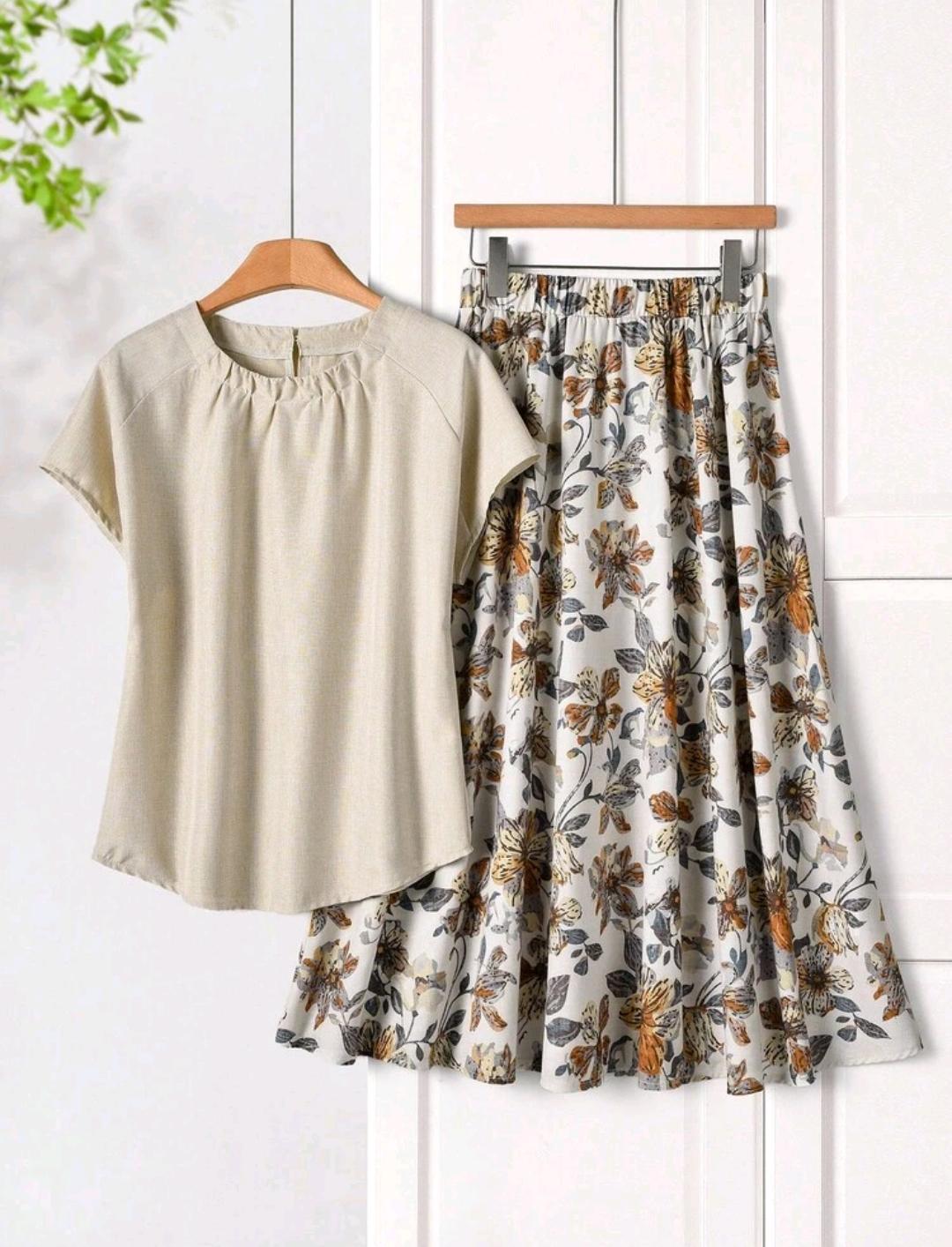 Conjunto de 2 piezas para mujer, top de color liso y falda con estampado floral, estilo casual vintage elegante, para vacaciones de verano.