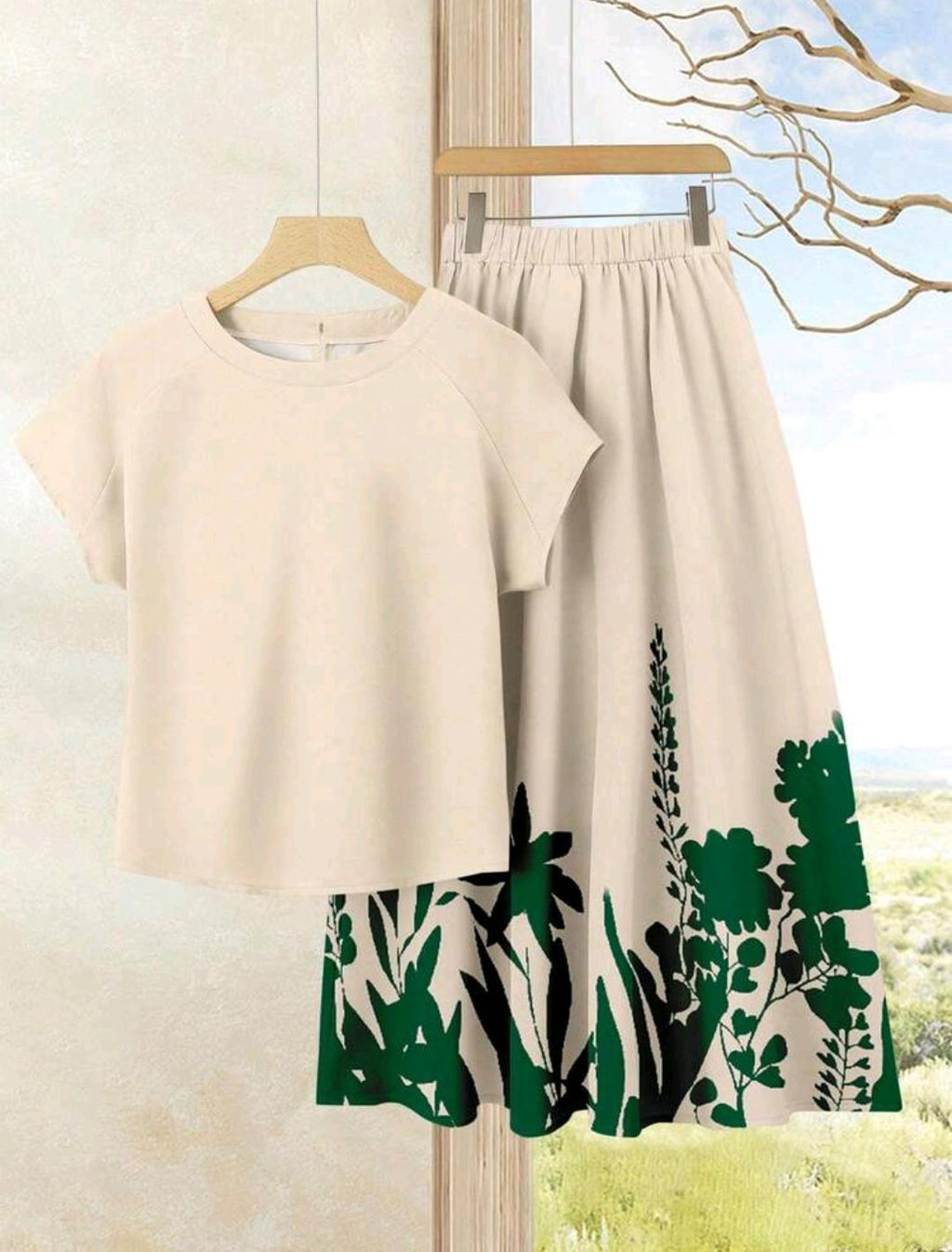 Rusticease Conjunto casual de 2 piezas para mujer, conjunto de falda con estampado color beige y blusa unicolor.