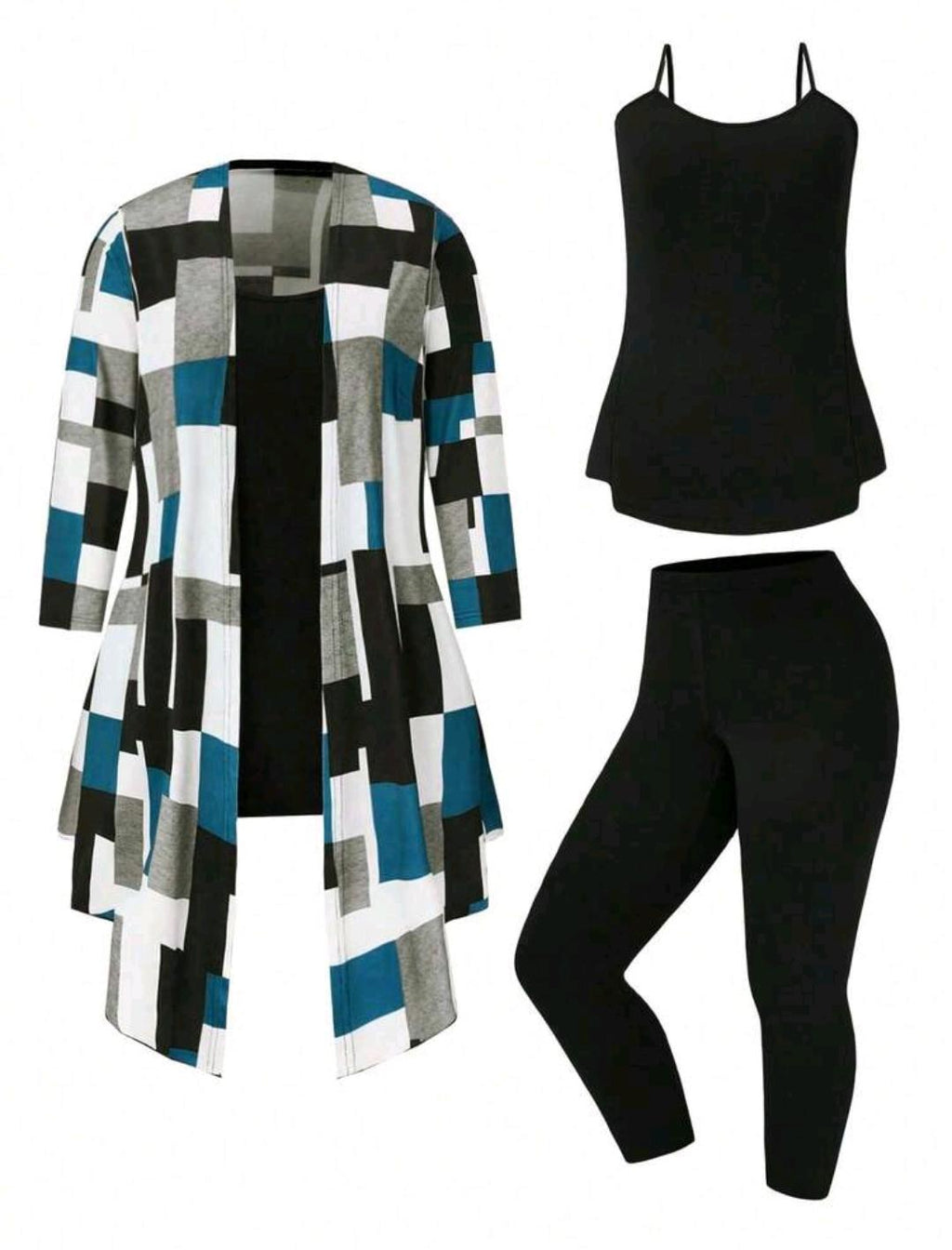 Conjunto de 3 piezas de chaqueta con cinturón, camiseta y leggings con estampado de patchwork para mujer talla grande, para primavera/otoño