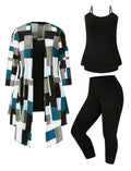 Conjunto de 3 piezas de chaqueta con cinturón, camiseta y leggings con estampado de patchwork para mujer talla grande, para primavera/otoño