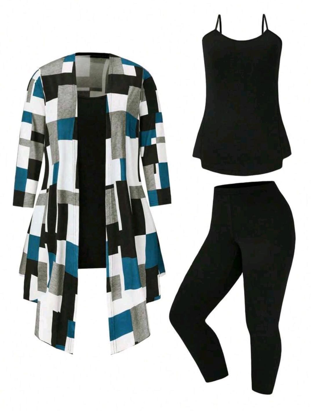 Conjunto de 3 piezas de chaqueta con cinturón, camiseta y leggings con estampado de patchwork para mujer talla grande, para primavera/otoño