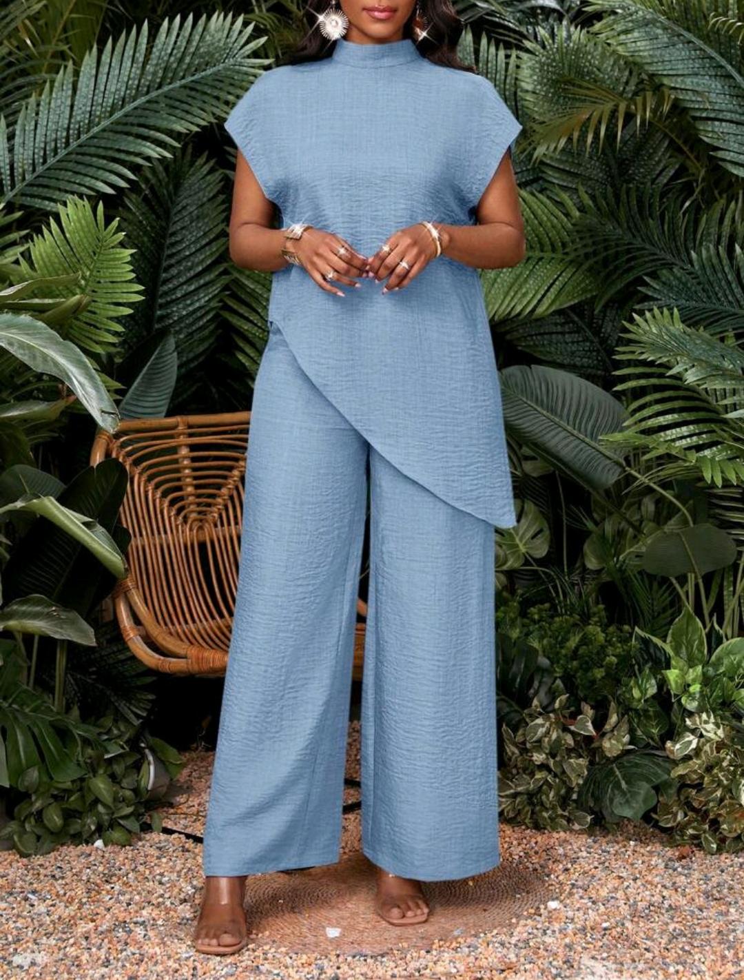 Conjunto de 2 piezas de top y pantalones de unicolor con bajo asimétrico para vacaciones de mujer