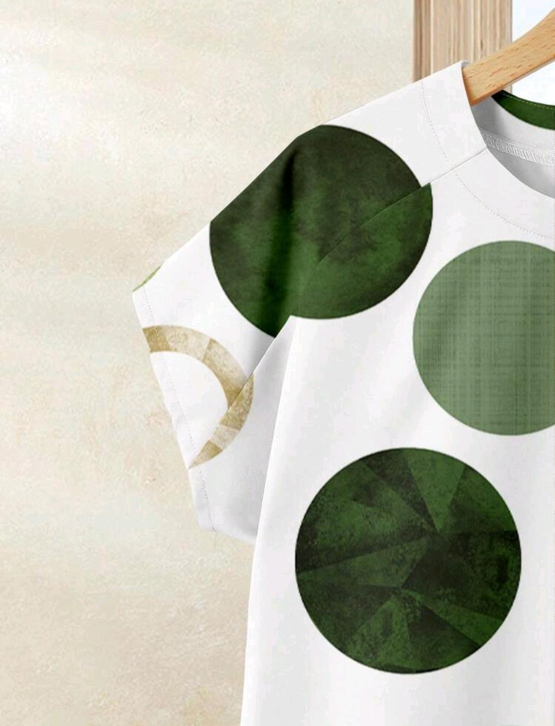 Conjunto de 2 piezas de falda y blusa holgada, color blanco con lunares, estilo casual de verano para vacaciones, bohemio, elegante con estampado de círculos verdes, outfit de uso diario.