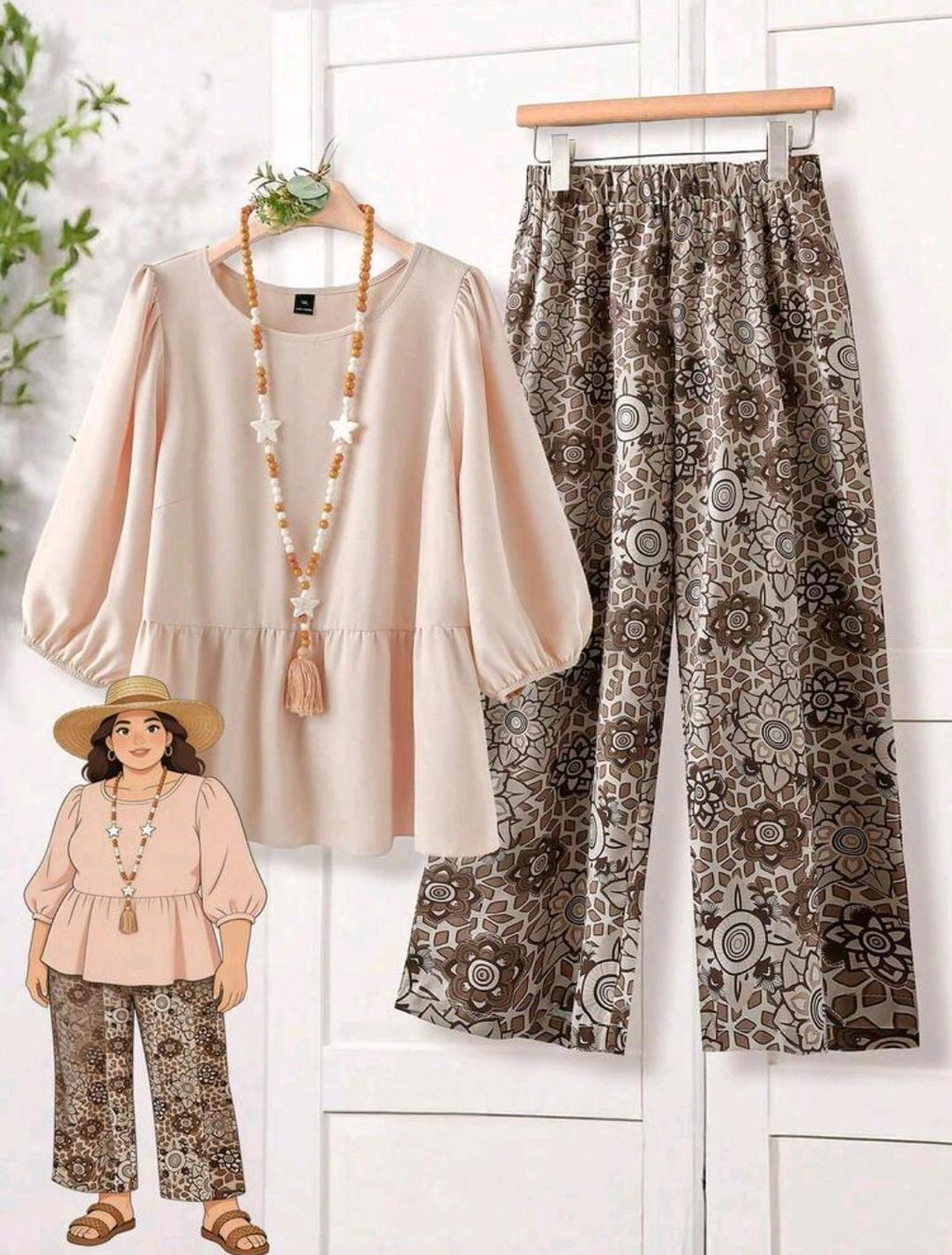 Conjunto de Camisa y Pantalon con Mangas de Linterna y volantes en el bajo con estampado floral rosa para Mujer talla grande, atuendo bohemio de otoño para vacaciones y festividades, conjunto de 2 piezas de ropa casual de verano y primavera