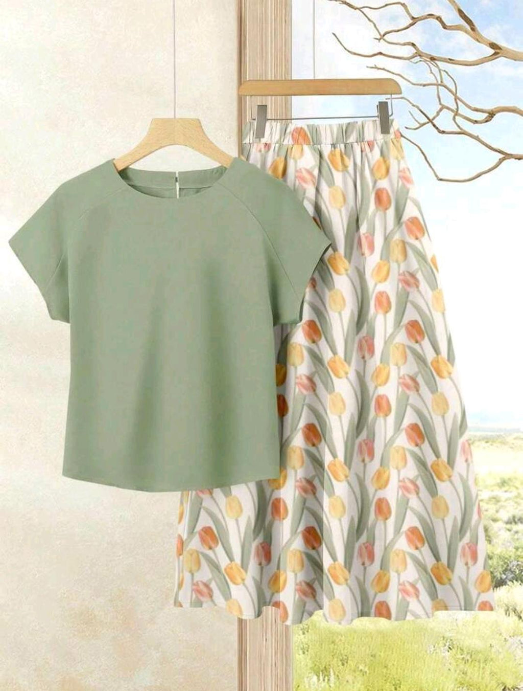 SHEIN LUNE Conjunto de 2 piezas para mujer de vacaciones casual elegante unicolor top+falda estampada, atuendo de verano, top estampado fiesta del té verde floral, atuendos de vacaciones para mujer.