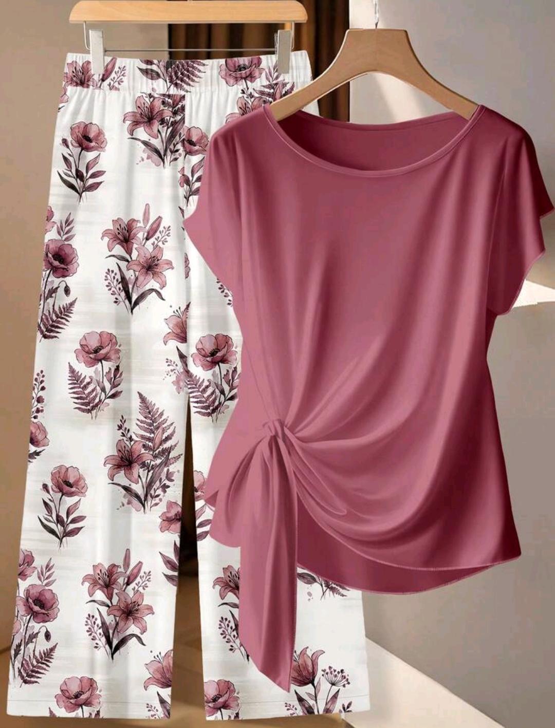 Conjunto de 2 piezas para mujer talla grande, top plisado de cuello redondo y pantalones de pierna ancha, unicolor, casual, formal, lounge, rosa y blanco.