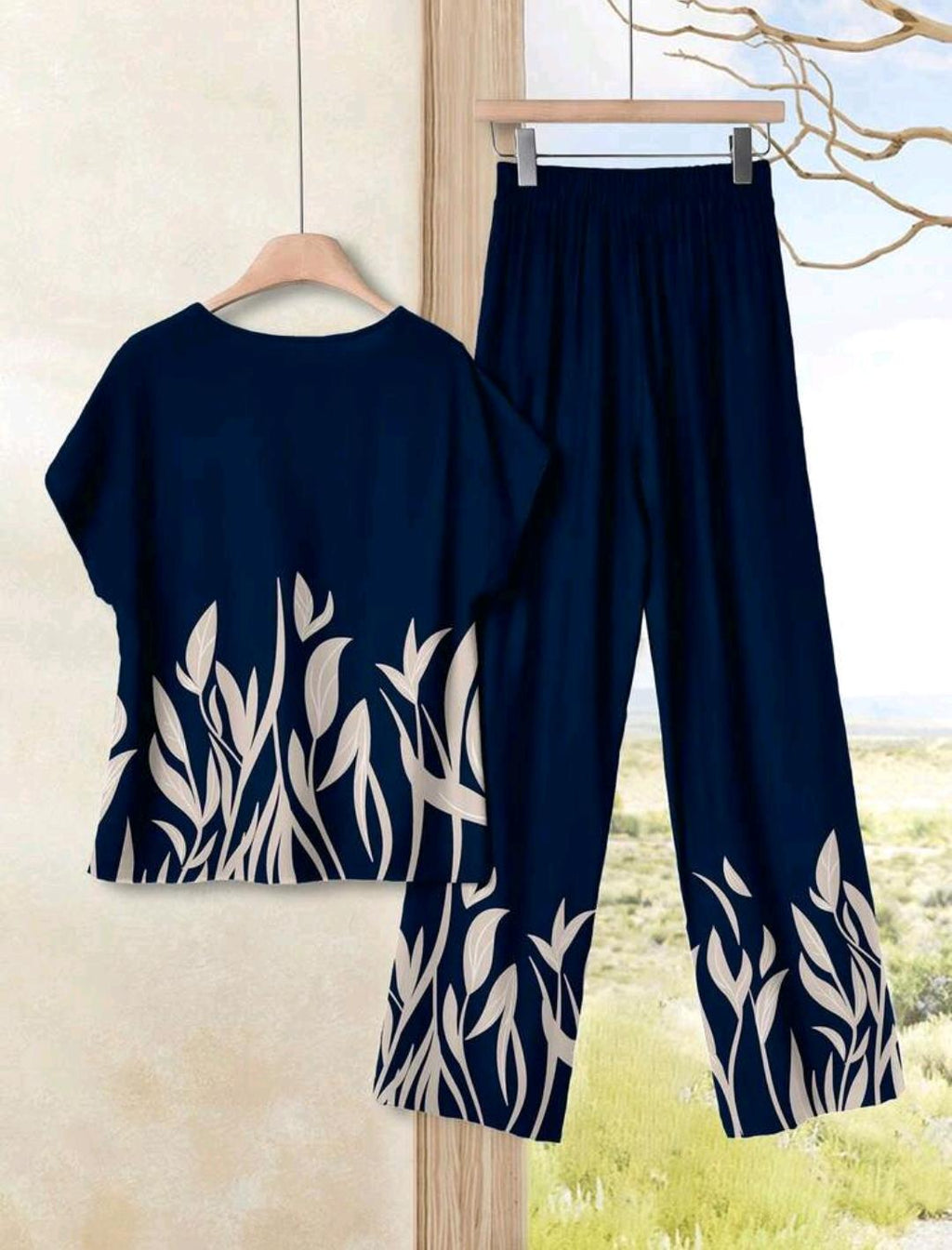 EMERY ROSE Conjunto de 2 piezas con estampado de hojas minimalista, adecuado para vacaciones, talla grande