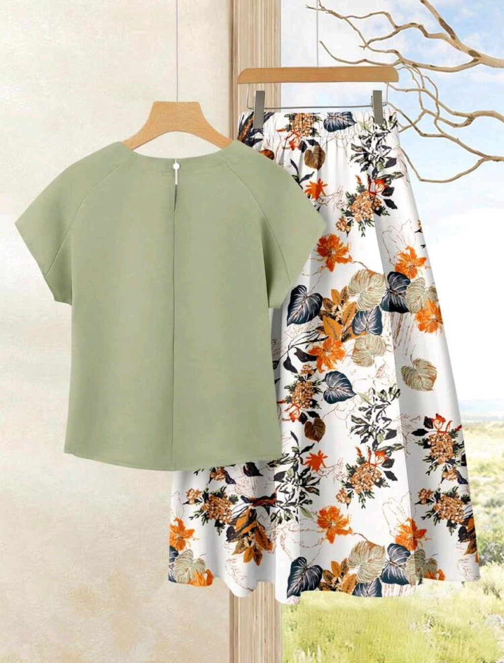 2 piezas Conjunto casual de verano para mujer con parte superior de unicolor + falda estampada.