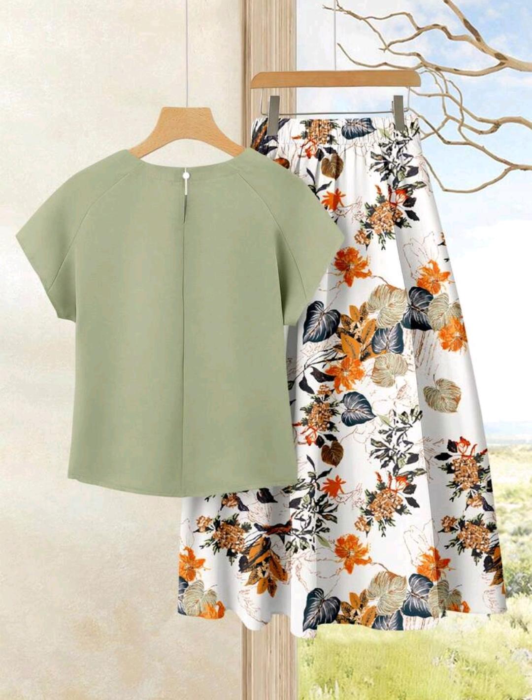 2 piezas Conjunto casual de verano para mujer con parte superior de unicolor + falda estampada.