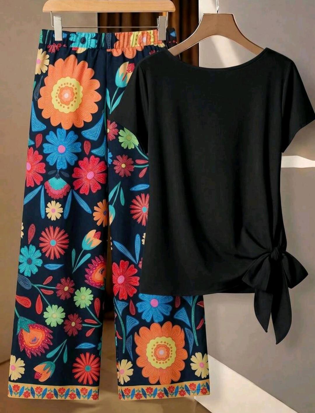 Set de 2 piezas de conjunto casual de verano para mujer, blusa con lazo verde a juego con pantalones rectos holgados con estampado geométrico