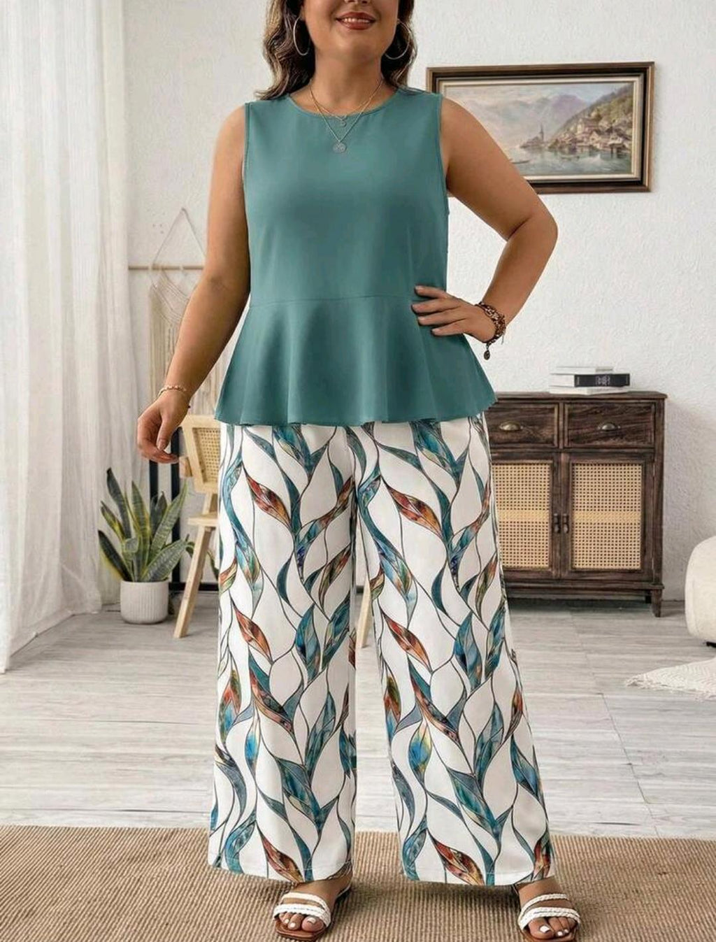 SHEIN LUNE 2 piezas/Set top de cuello redondo+pantalones rectos sueltos para mujer talla grande, estampado geométrico abstracto casual.