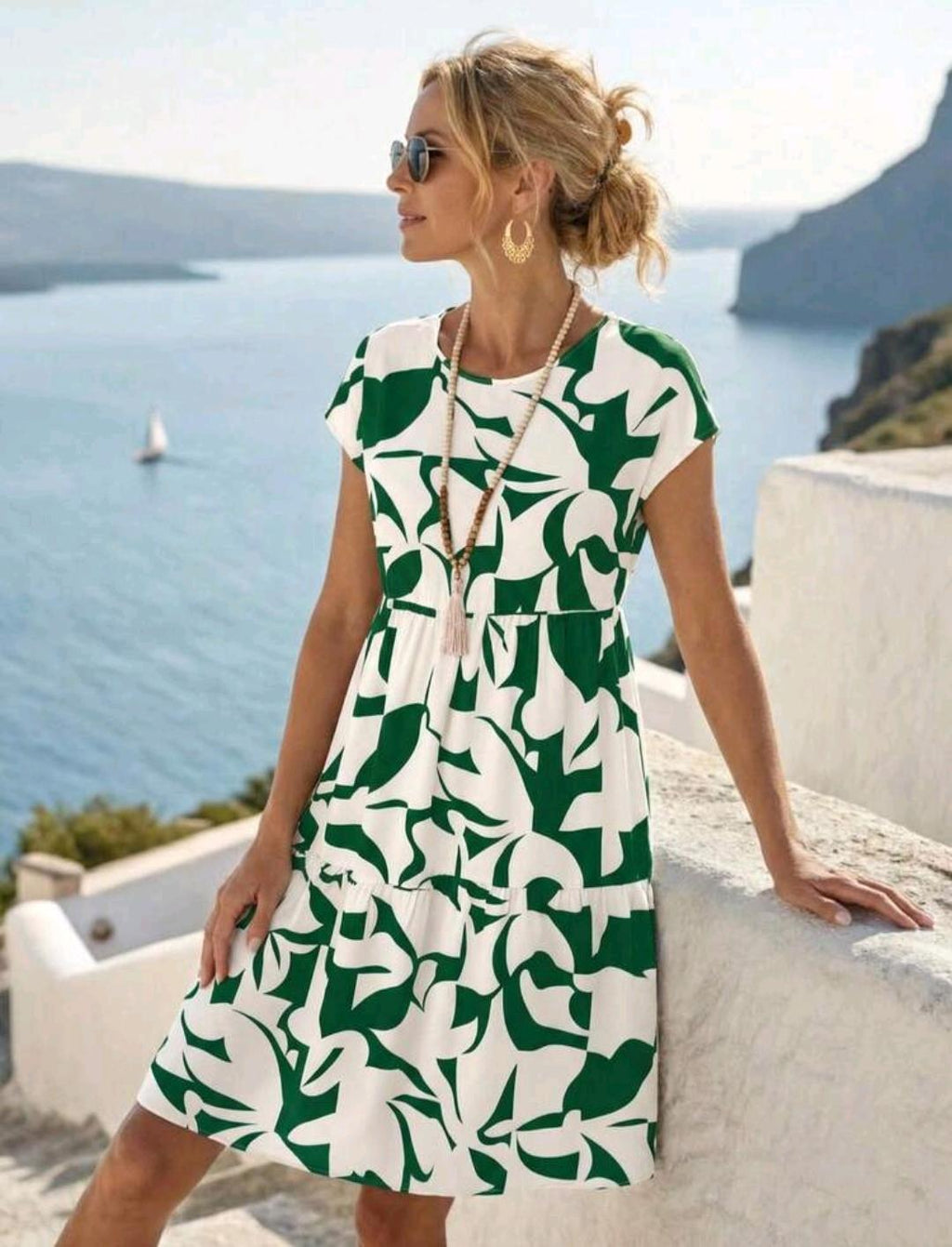Vestido corto casual de manga corta con cuello redondo y estampado geométrico para mujer, primavera/verano
