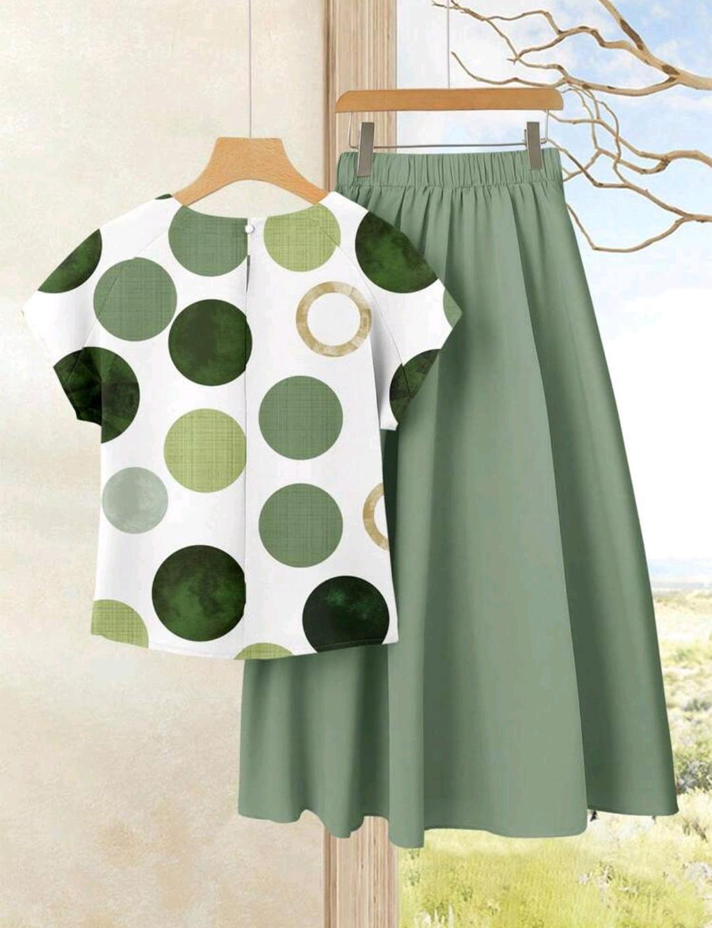 Conjunto de 2 piezas de falda y blusa holgada, color blanco con lunares, estilo casual de verano para vacaciones, bohemio, elegante con estampado de círculos verdes, outfit de uso diario.