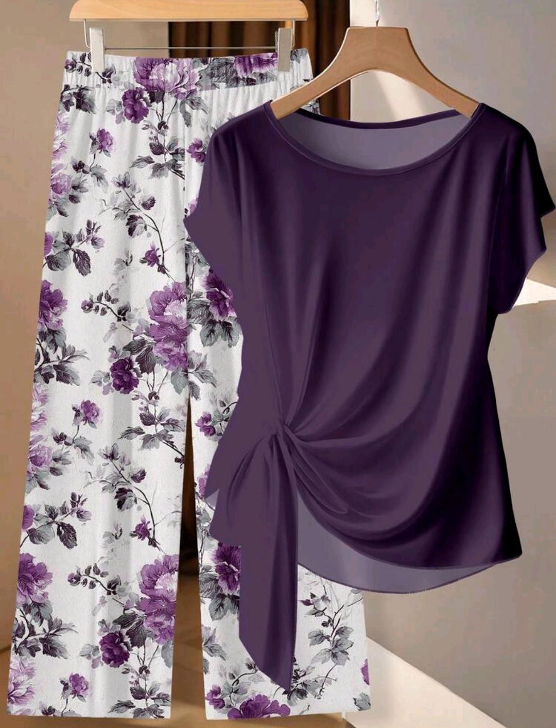 SHEIN LUNE Conjunto de 2 piezas de blusa con lazo y pantalones rectos para mujer.