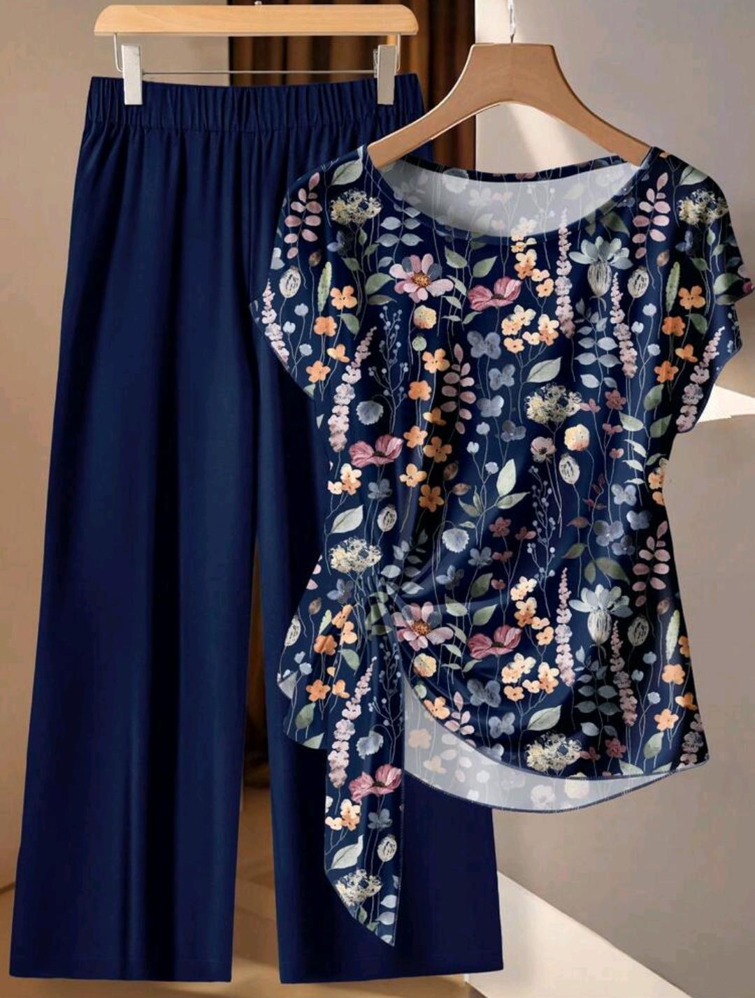 EMERY ROSE Conjunto de 2 piezas con estampado floral elegante para mujer de talla grande, primavera/verano.