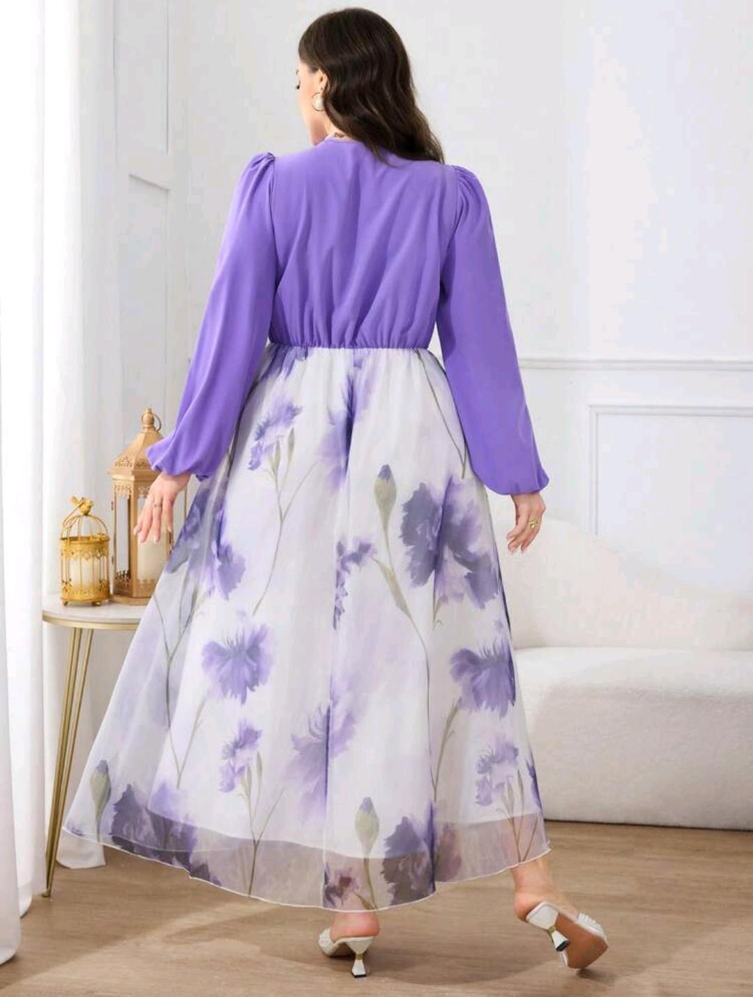 Modelyn Vestido de talla grande para mujer, estilo elegante con estampado floral, mangas de farol y cintura ceñida, estilo resort