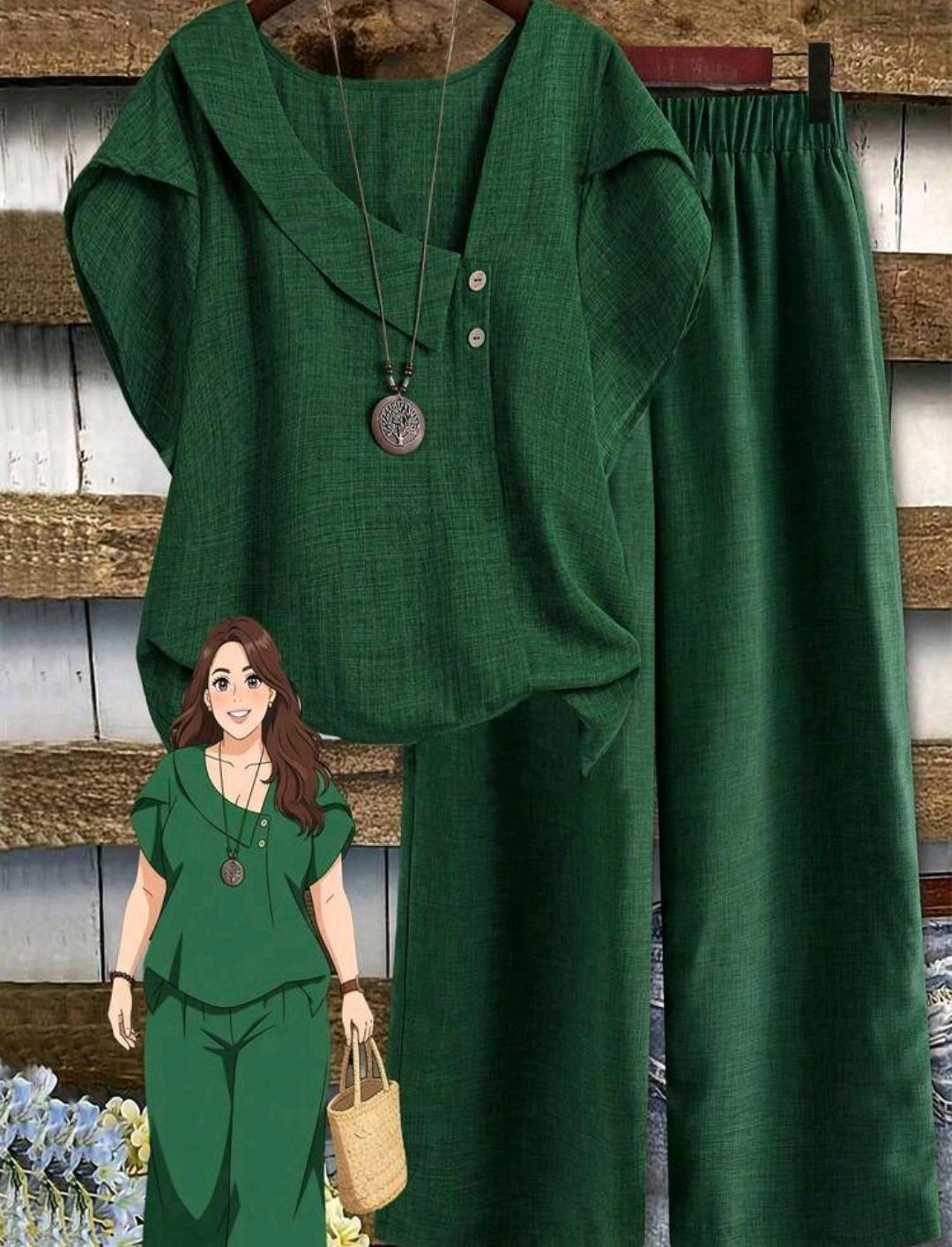 Conjunto de blusa lisa y pantalón ancho estampado | Bajo pedido