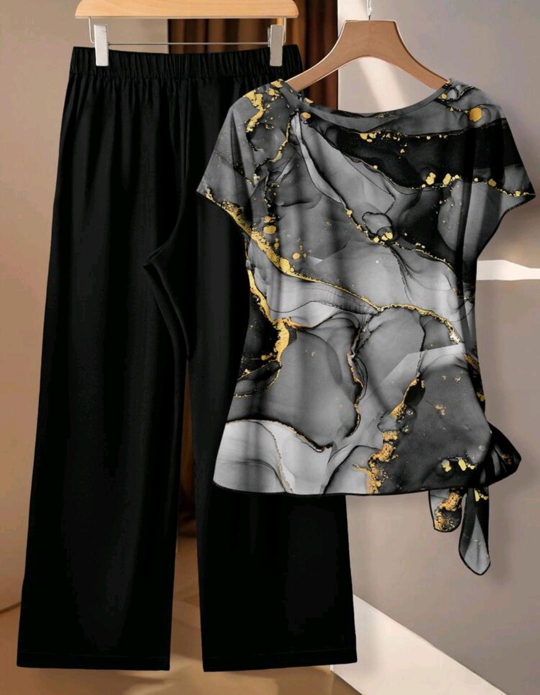 Conjunto Ámbar de blusa estampada y pantalón de pierna ancha | Bajo pedido