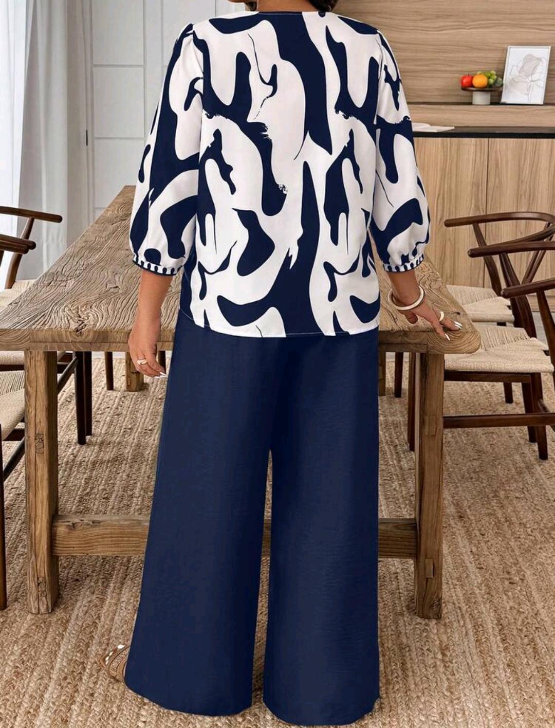 SHEIN LUNE Conjunto informal de blusa de manga farol con cuello en V y pantalón de pierna ancha para mujer talla grande, adecuado para uso diario, fiestas y vacaciones.