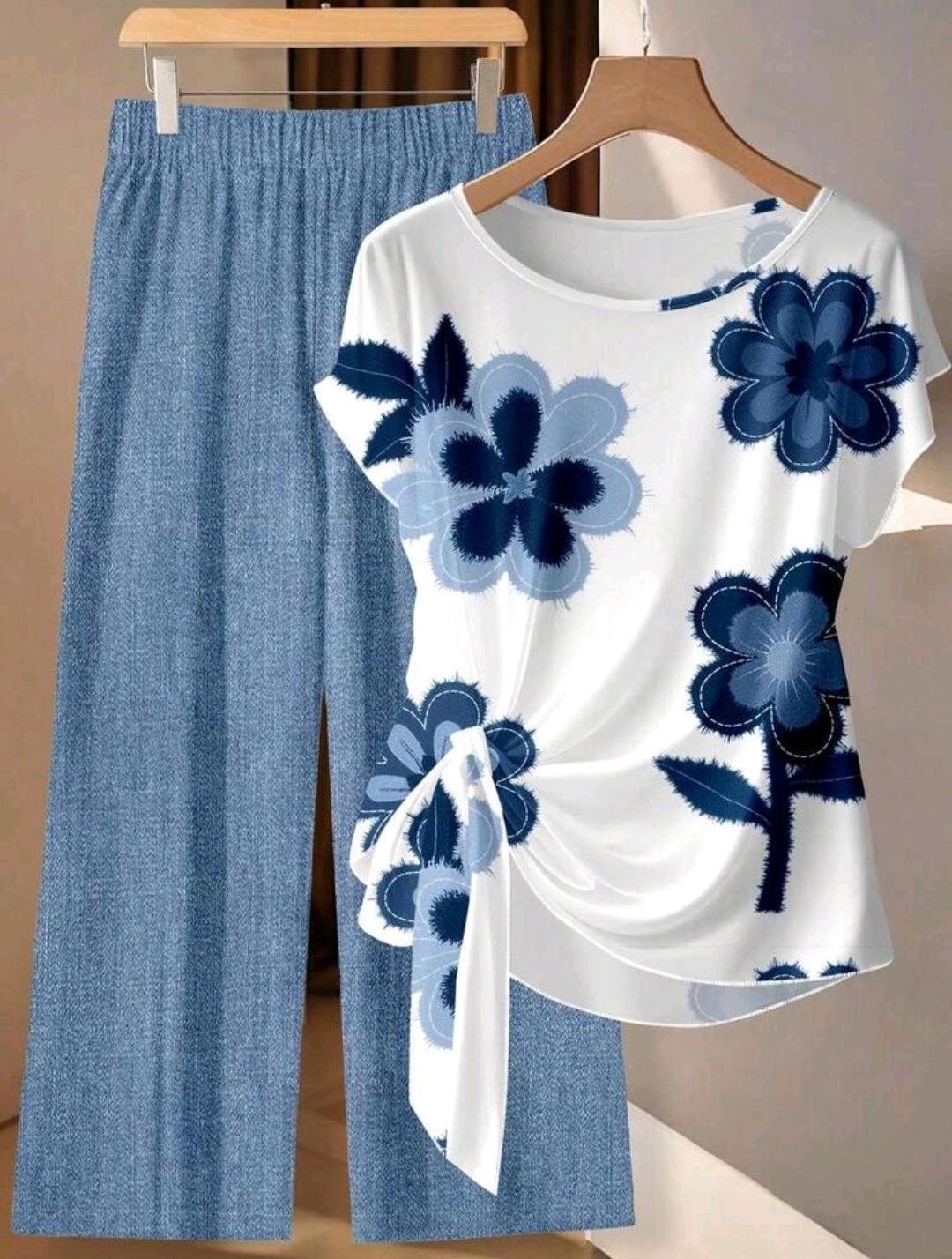 Blusa de mujer con estampado floral y lazo, y pantalones rectos sueltos de 2 piezas - Conjunto de ropa de verano, primavera, playa, festival, vacaciones, oficina, campo.