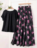 Rusticease Conjunto de 2 piezas de verano casual para mujer con parte superior de unicolor y falda con estampado floral.