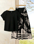 2 piezas conjunto de blusa casual de unicolor + falda estampada para vacaciones de verano.