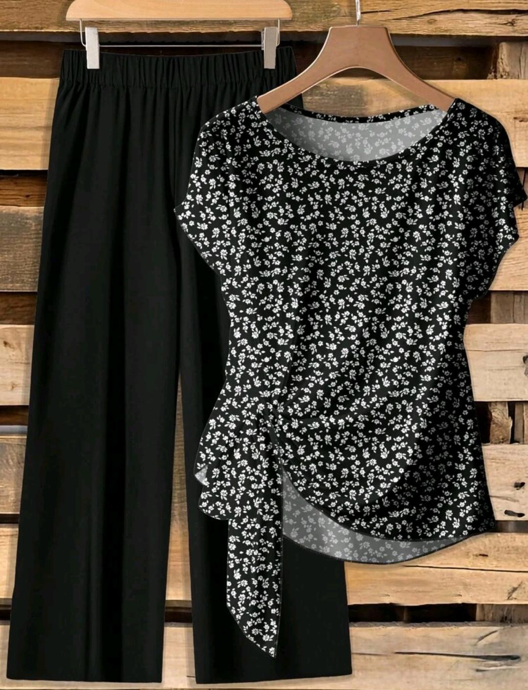 Conjunto de 2 piezas de blusa con lazo y pantalones rectos para mujer
