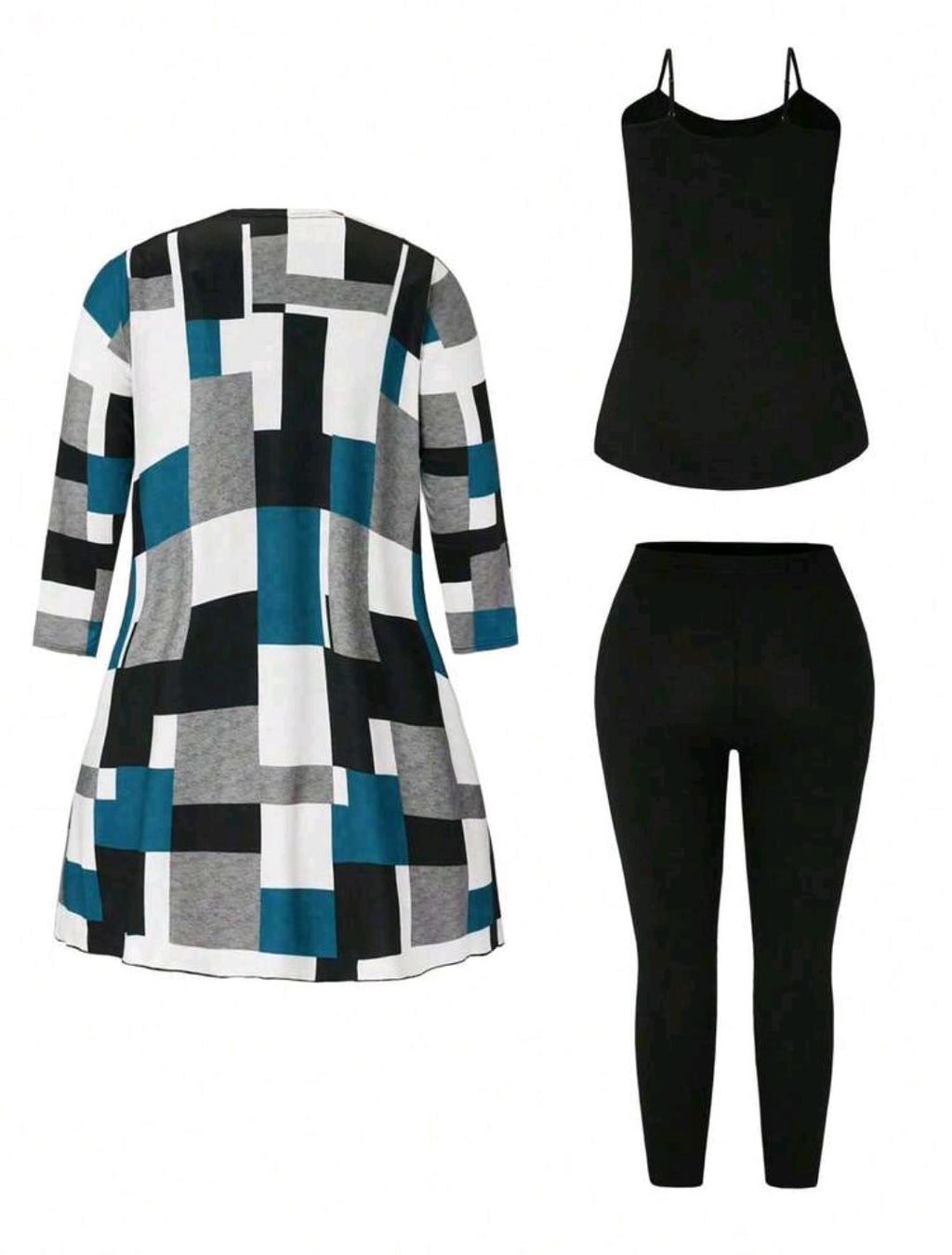 Conjunto de 3 piezas de chaqueta con cinturón, camiseta y leggings con estampado de patchwork para mujer talla grande, para primavera/otoño