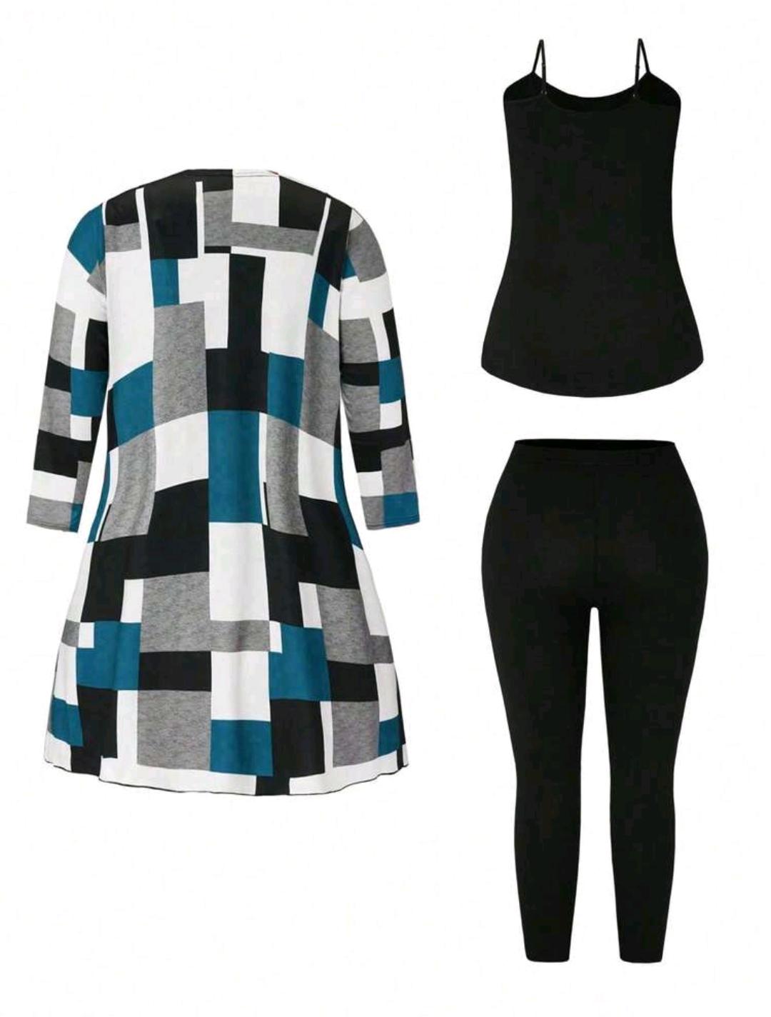 Conjunto de 3 piezas de chaqueta con cinturón, camiseta y leggings con estampado de patchwork para mujer talla grande, para primavera/otoño