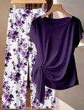 Conjunto casual de 2 piezas de blusa con lazo de contraste de color floral morado y pantalones rectos y sueltos