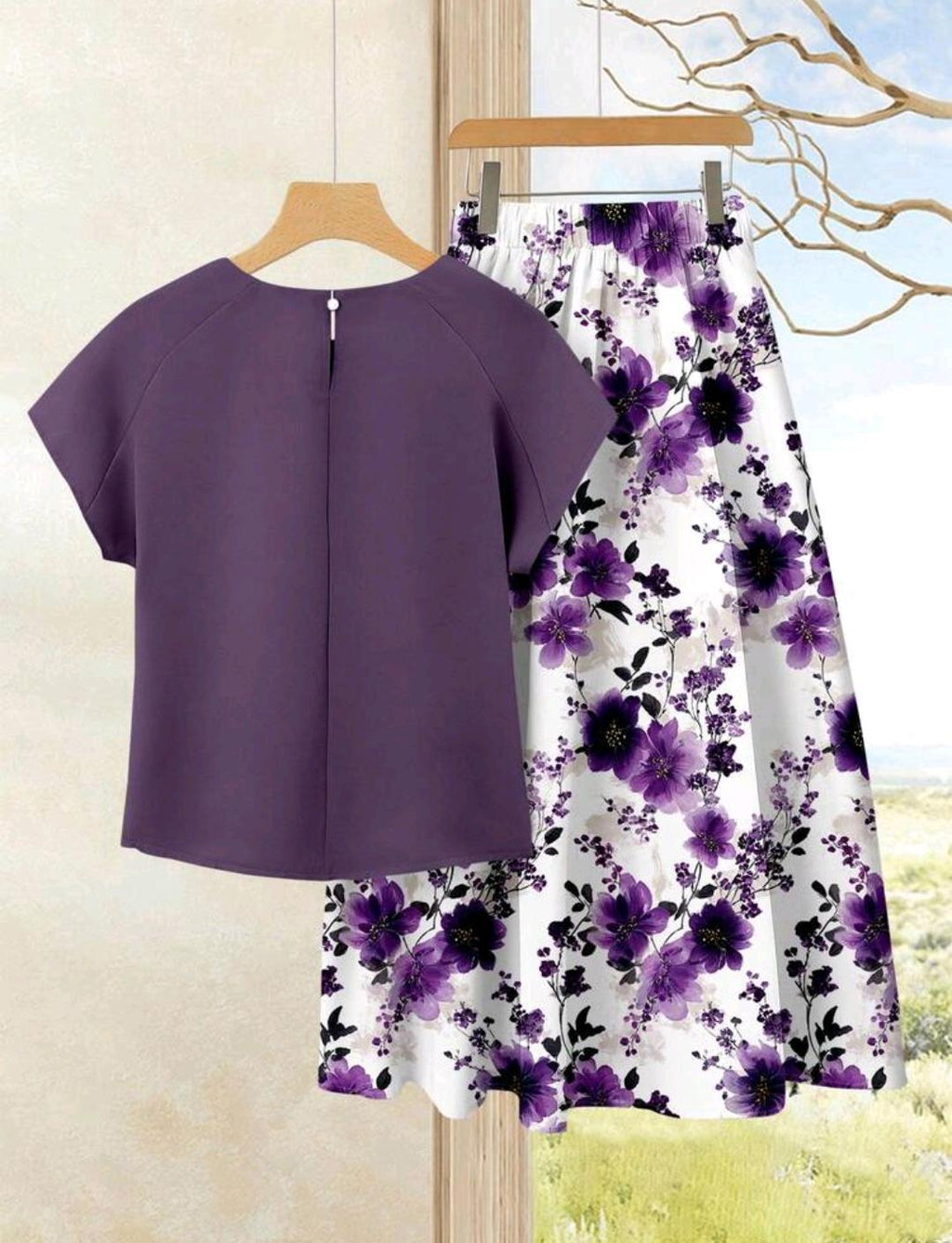 Rusticease 2 piezas Conjunto casual de verano para mujer con parte superior de unicolor + falda estampado floral.