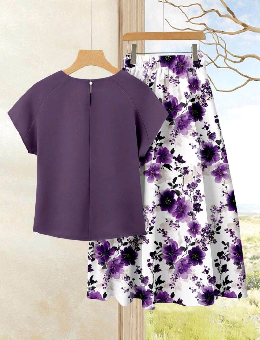Rusticease 2 piezas Conjunto casual de verano para mujer con parte superior de unicolor + falda estampado floral.