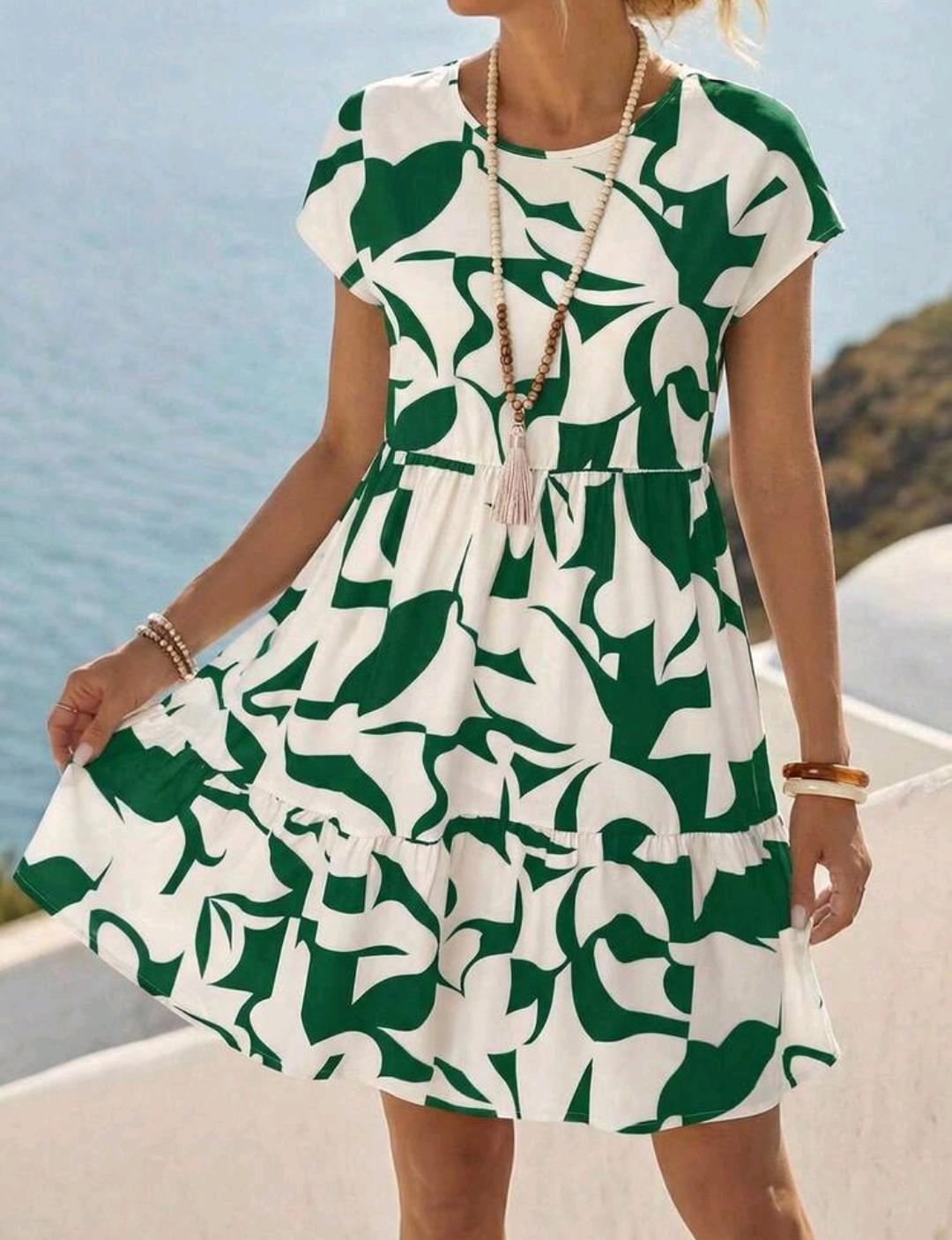 Vestido corto casual de manga corta con cuello redondo y estampado geométrico para mujer, primavera/verano