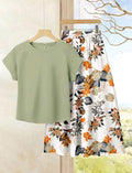 2 piezas Conjunto casual de verano para mujer con parte superior de unicolor + falda estampada.