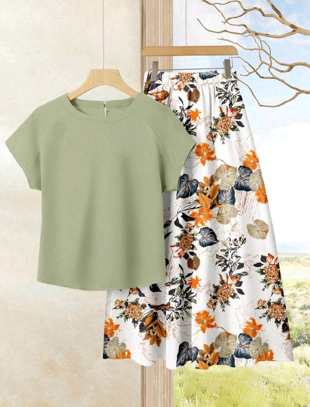 2 piezas Conjunto casual de verano para mujer con parte superior de unicolor + falda estampada.