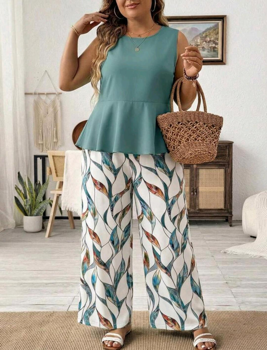 SHEIN LUNE 2 piezas/Set top de cuello redondo+pantalones rectos sueltos para mujer talla grande, estampado geométrico abstracto casual.