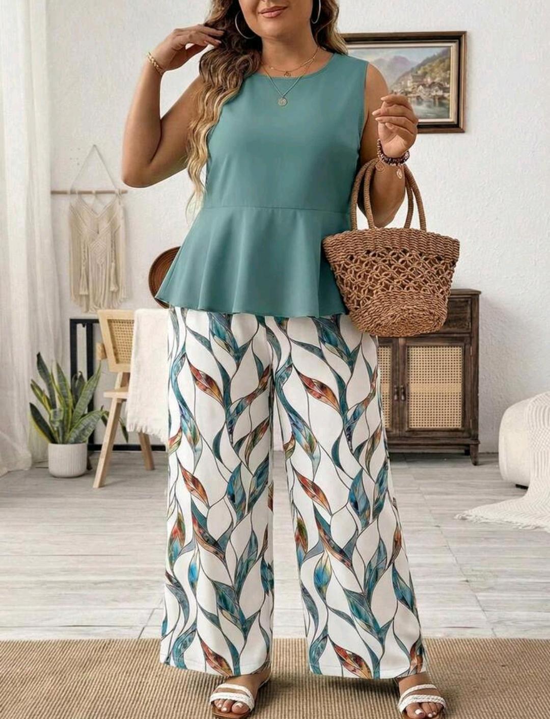 SHEIN LUNE 2 piezas/Set top de cuello redondo+pantalones rectos sueltos para mujer talla grande, estampado geométrico abstracto casual.