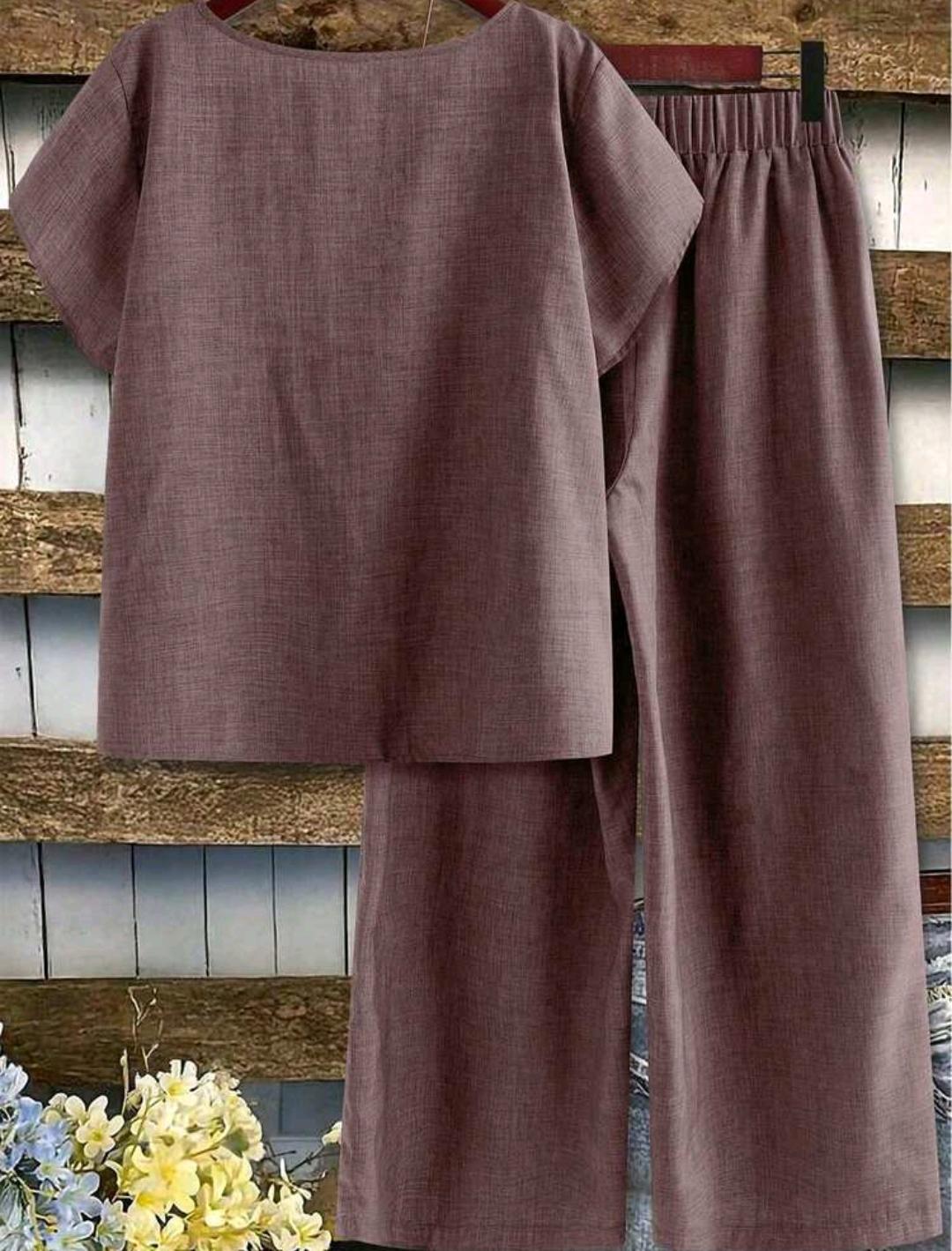 Conjunto de blusa lisa y pantalón ancho estampado | Bajo pedido