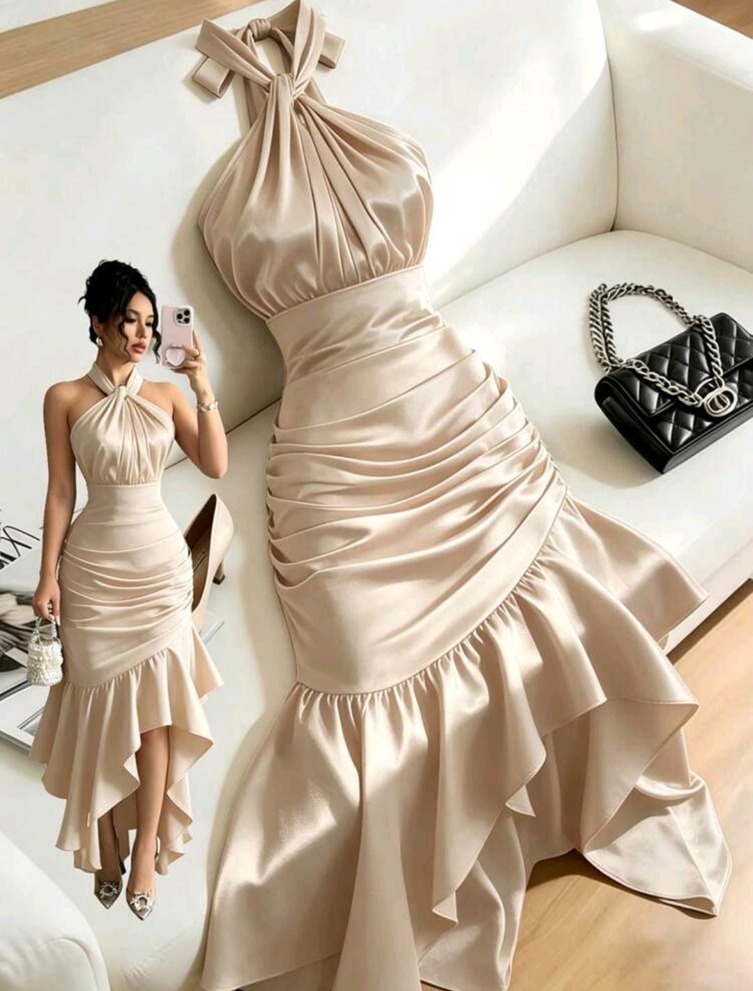 Vestido elegante con cuello halter y volantes | Bajo pedido