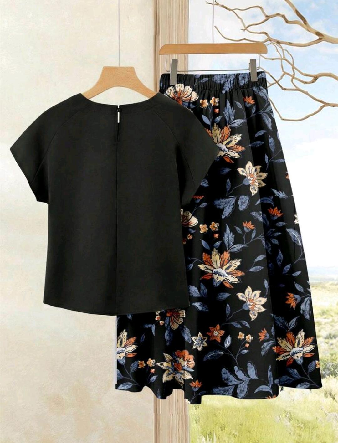 Rusticease 2 piezas Conjunto casual de verano para mujer con parte superior de unicolor + falda estampada, conjunto de falda y blusa ideal para vacaciones y actividades diarias.