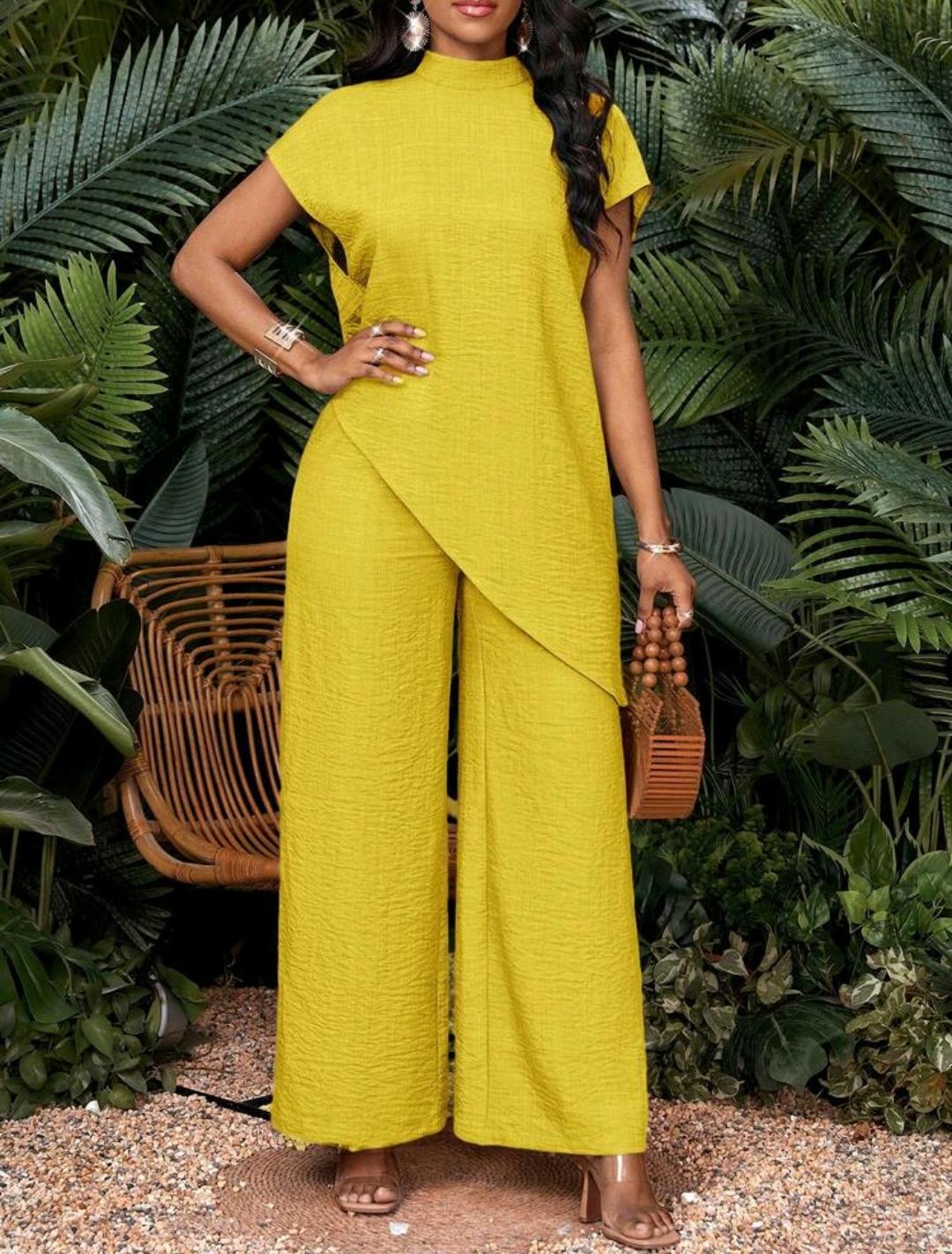 Conjunto de 2 piezas de top y pantalones de unicolor con bajo asimétrico para vacaciones de mujer