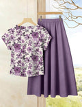 2 piezas conjunto de falda unicolor y blusa con estampado floral.