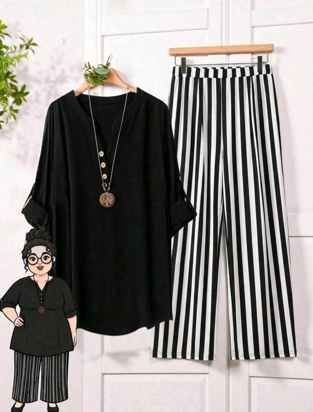 Conjunto casual de dos piezas incluye una blusa de talla grande de unicolor con cuello en V manga larga, y pantalones de pierna ancha estampados a rayas en blanco y negro.