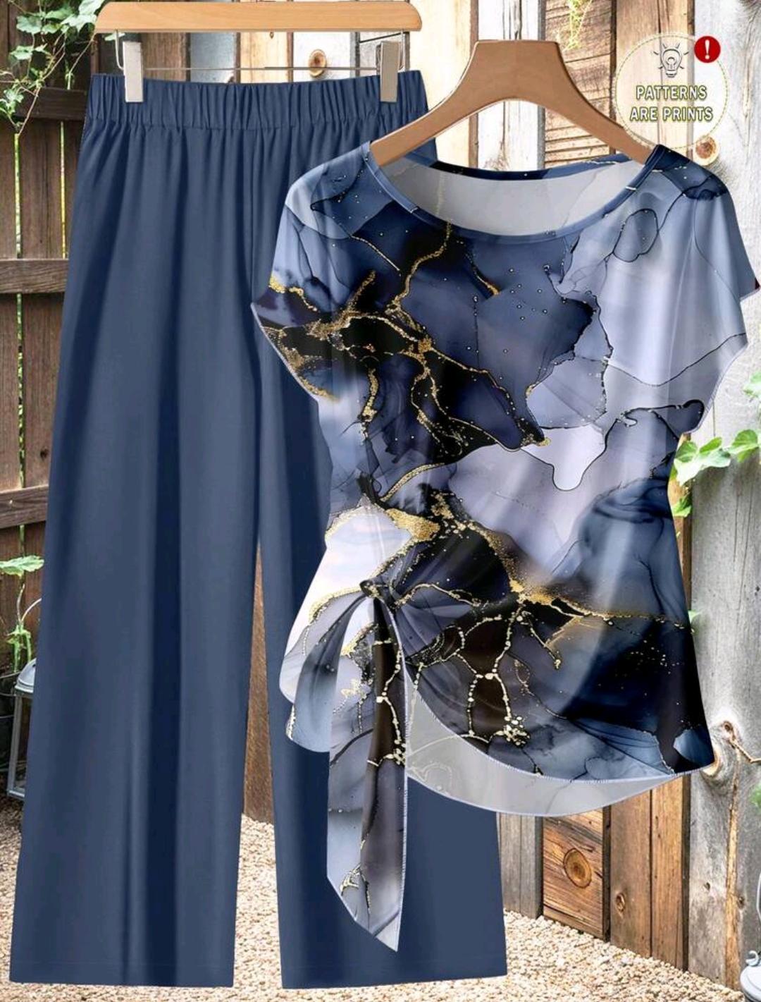 Conjunto Ámbar de blusa estampada y pantalón de pierna ancha | Bajo pedido