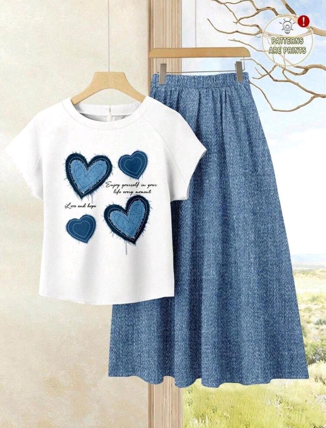 Conjunto de 2 piezas de falda y blusa, blusa con estampado de corazones