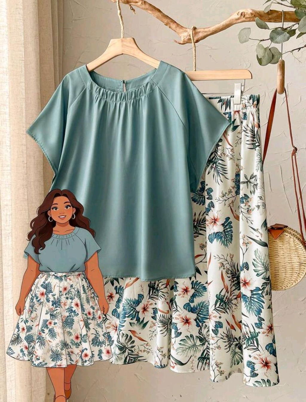 Conjunto de 2 piezas de talla grande para mujer, con blusa de manga corta y falda con estampado botánico, para vacaciones en primavera/verano