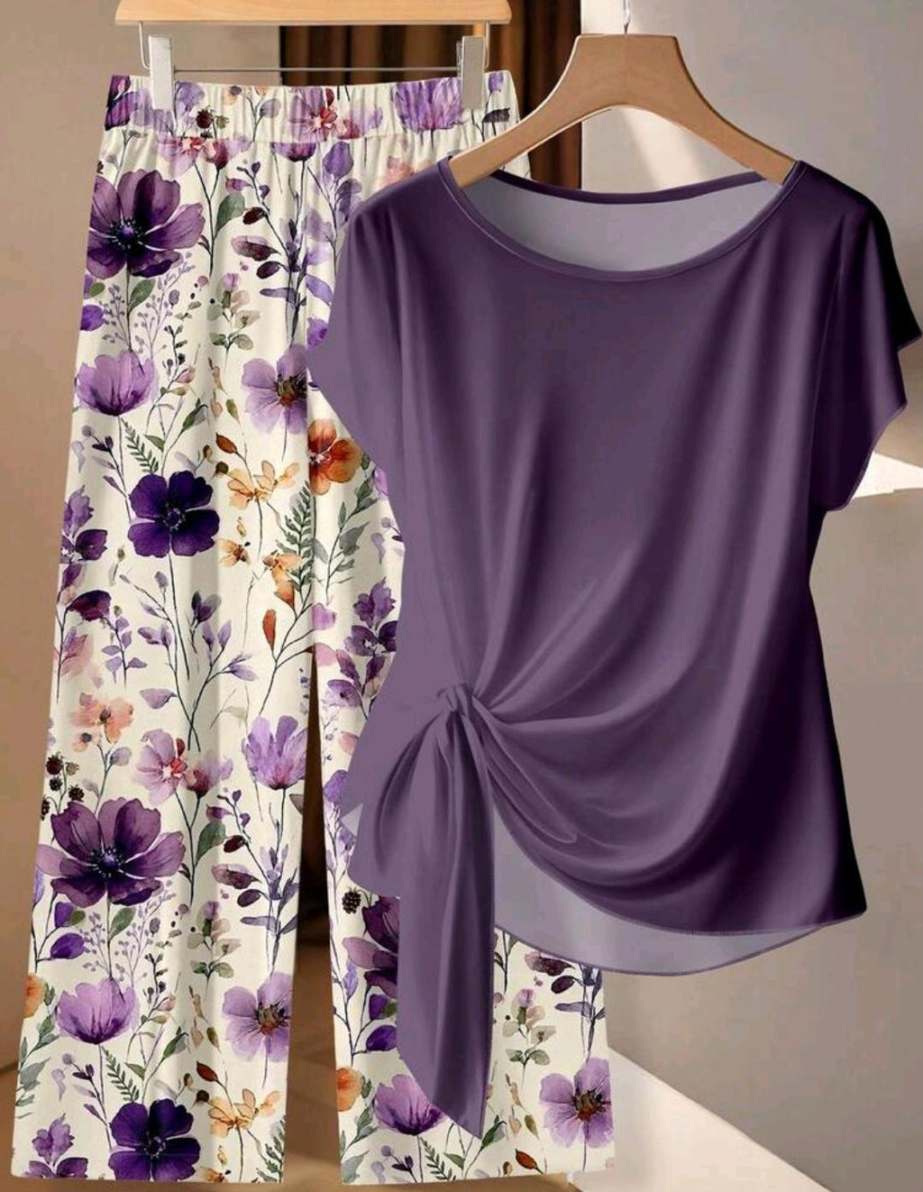 2 piezas Conjunto de camisa y pantalones casuales bohemios con estampado floral pastoral púrpura - Elegante conjunto romántico para primavera/verano, perfecto para vacaciones, boda en una isla tropical, fiesta de damas de honor, invitado.