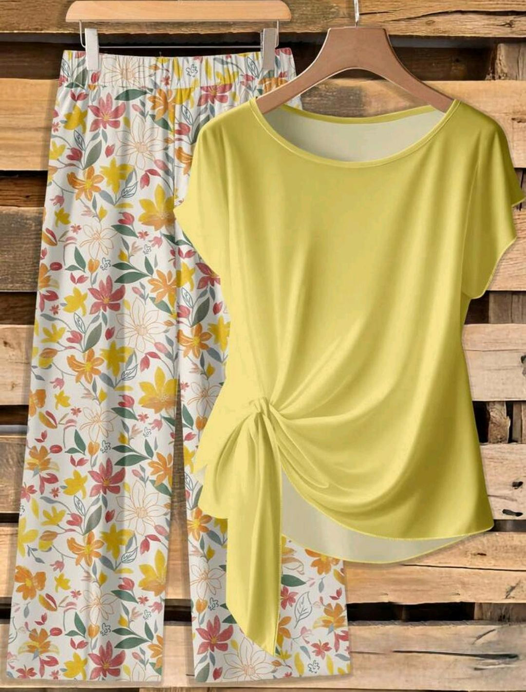 Conjunto de 2 piezas de blusa estampada y pantalones de pierna ancha con cintura de lazo para mujer