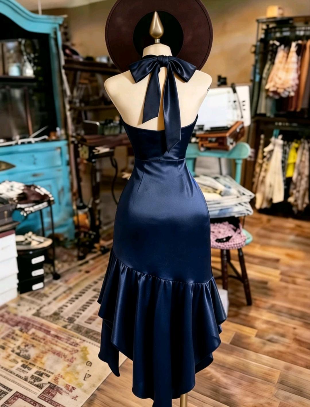 Vestido elegante con cuello halter y volantes | Bajo pedido