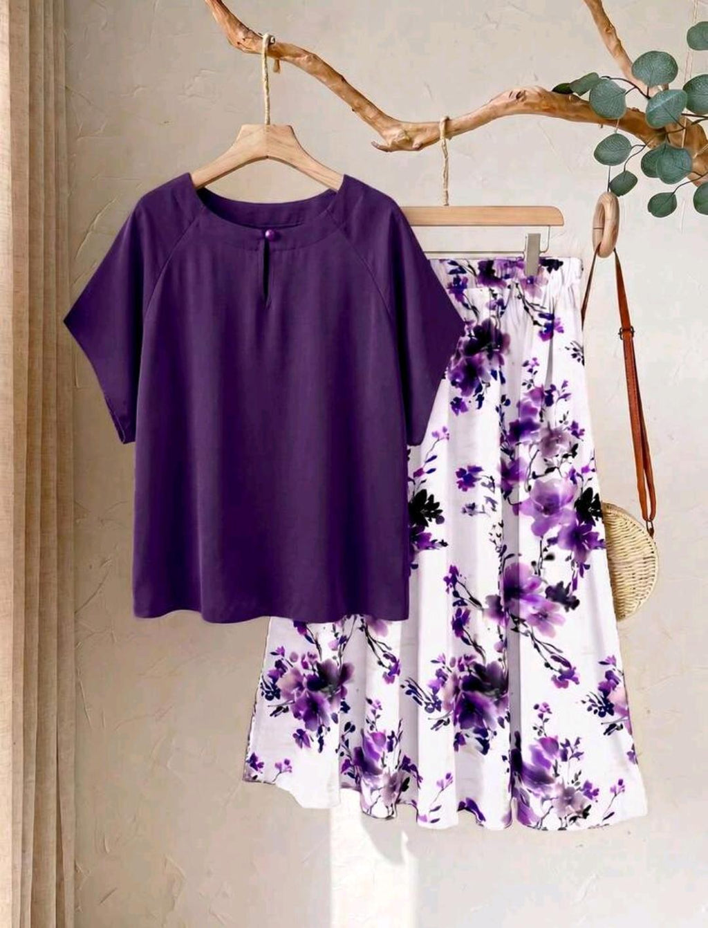 Conjunto de 2 piezas casual romántico con estampado floral púrpura para mujer talla grande, conjunto de 2 piezas púrpura talla grande, atuendo de vacaciones, ropa de verano